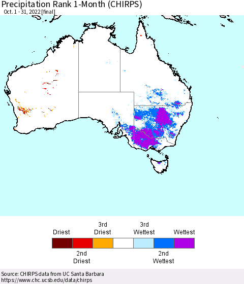 Australia Precipitation Rank since 1981, 1-Month (CHIRPS) Thematic Map For 10/1/2022 - 10/31/2022