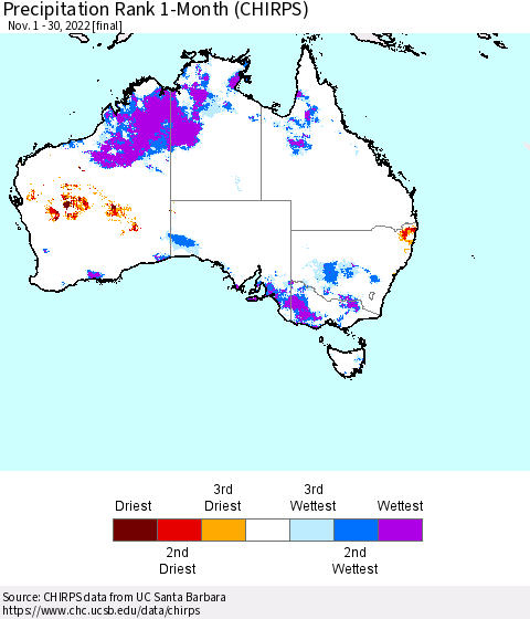Australia Precipitation Rank since 1981, 1-Month (CHIRPS) Thematic Map For 11/1/2022 - 11/30/2022