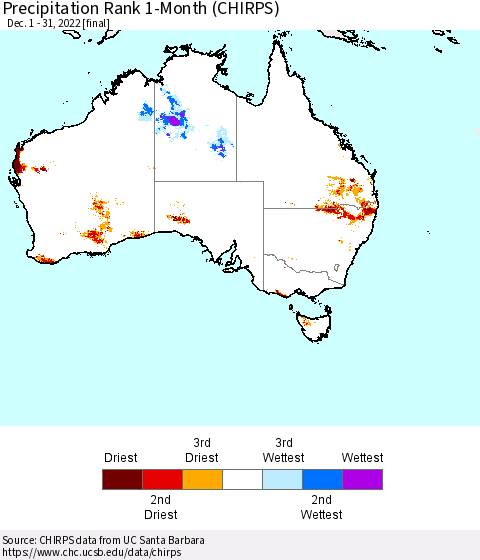 Australia Precipitation Rank since 1981, 1-Month (CHIRPS) Thematic Map For 12/1/2022 - 12/31/2022