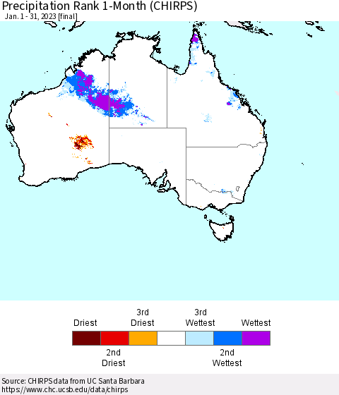 Australia Precipitation Rank since 1981, 1-Month (CHIRPS) Thematic Map For 1/1/2023 - 1/31/2023