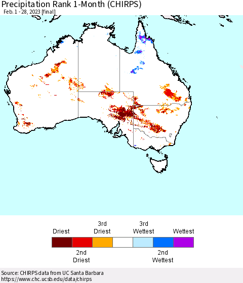 Australia Precipitation Rank since 1981, 1-Month (CHIRPS) Thematic Map For 2/1/2023 - 2/28/2023