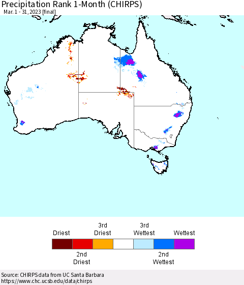 Australia Precipitation Rank since 1981, 1-Month (CHIRPS) Thematic Map For 3/1/2023 - 3/31/2023