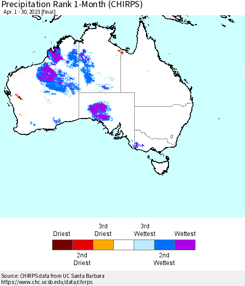 Australia Precipitation Rank since 1981, 1-Month (CHIRPS) Thematic Map For 4/1/2023 - 4/30/2023