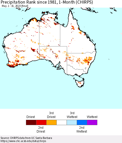 Australia Precipitation Rank since 1981, 1-Month (CHIRPS) Thematic Map For 5/1/2023 - 5/31/2023