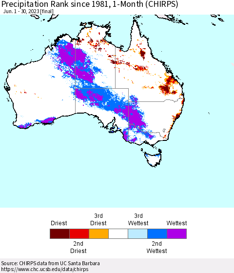 Australia Precipitation Rank since 1981, 1-Month (CHIRPS) Thematic Map For 6/1/2023 - 6/30/2023