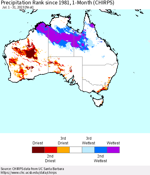 Australia Precipitation Rank since 1981, 1-Month (CHIRPS) Thematic Map For 7/1/2023 - 7/31/2023