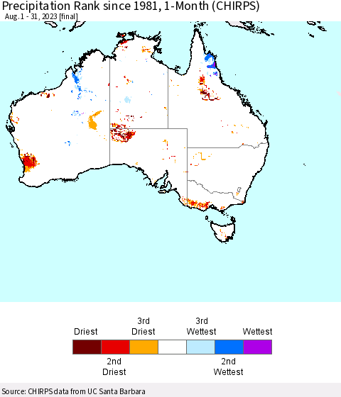 Australia Precipitation Rank since 1981, 1-Month (CHIRPS) Thematic Map For 8/1/2023 - 8/31/2023