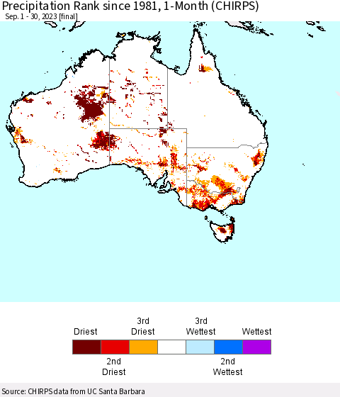 Australia Precipitation Rank since 1981, 1-Month (CHIRPS) Thematic Map For 9/1/2023 - 9/30/2023