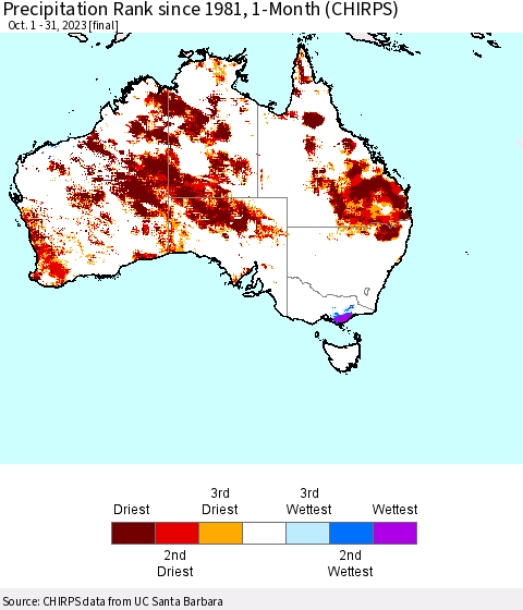 Australia Precipitation Rank since 1981, 1-Month (CHIRPS) Thematic Map For 10/1/2023 - 10/31/2023