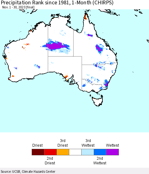 Australia Precipitation Rank since 1981, 1-Month (CHIRPS) Thematic Map For 11/1/2023 - 11/30/2023