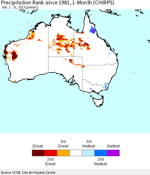 Australia Precipitation Rank since 1981, 1-Month (CHIRPS) Thematic Map For 12/1/2023 - 12/31/2023