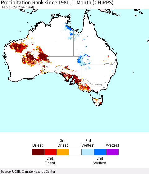 Australia Precipitation Rank since 1981, 1-Month (CHIRPS) Thematic Map For 2/1/2024 - 2/29/2024