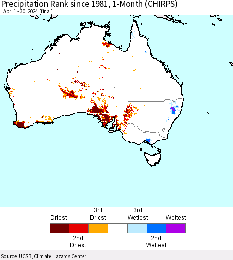 Australia Precipitation Rank since 1981, 1-Month (CHIRPS) Thematic Map For 4/1/2024 - 4/30/2024