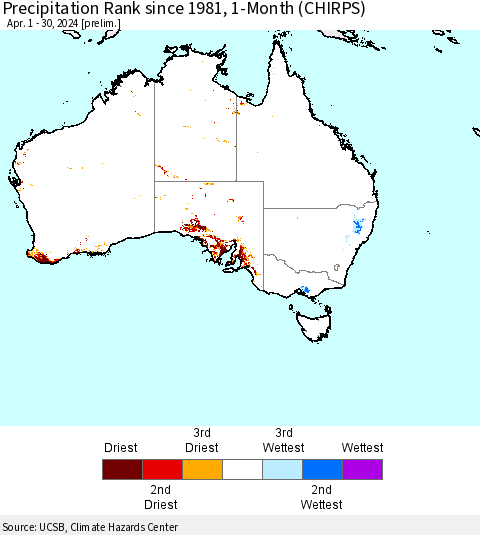 Australia Precipitation Rank since 1981, 1-Month (CHIRPS) Thematic Map For 4/1/2024 - 4/30/2024