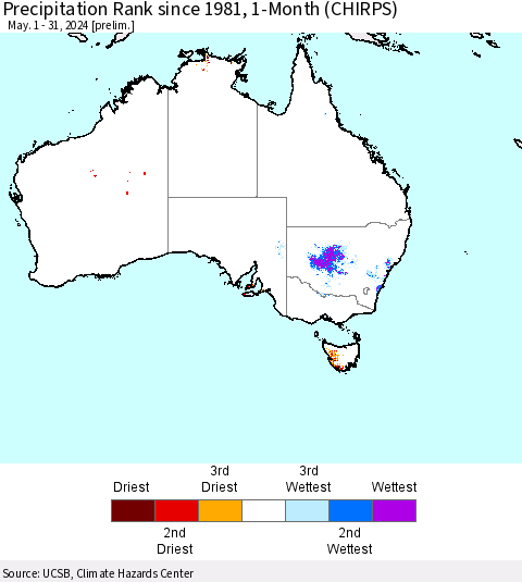 Australia Precipitation Rank since 1981, 1-Month (CHIRPS) Thematic Map For 5/1/2024 - 5/31/2024