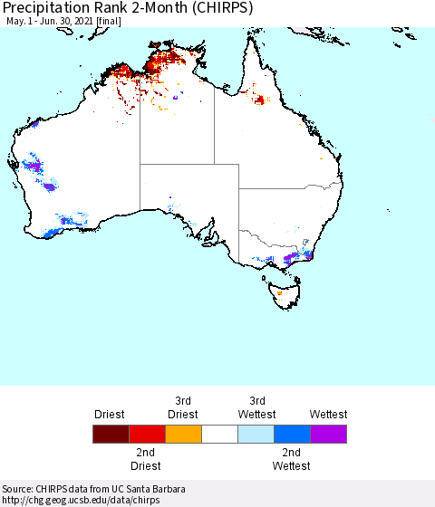 Australia Precipitation Rank since 1981, 2-Month (CHIRPS) Thematic Map For 5/1/2021 - 6/30/2021