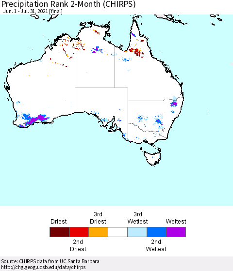 Australia Precipitation Rank since 1981, 2-Month (CHIRPS) Thematic Map For 6/1/2021 - 7/31/2021
