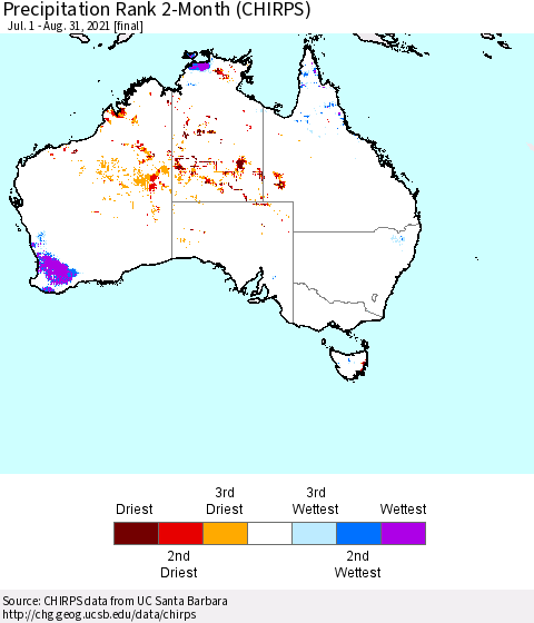 Australia Precipitation Rank since 1981, 2-Month (CHIRPS) Thematic Map For 7/1/2021 - 8/31/2021