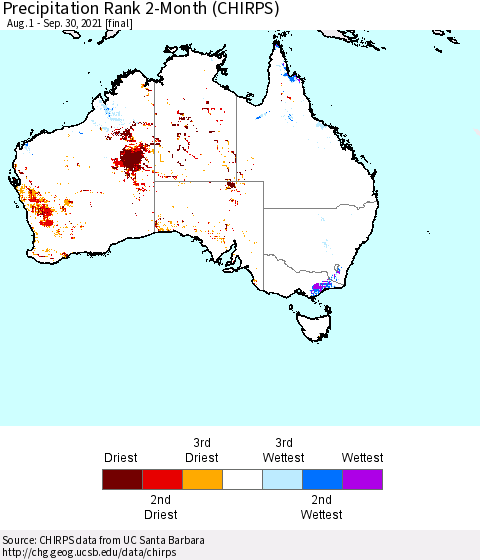 Australia Precipitation Rank since 1981, 2-Month (CHIRPS) Thematic Map For 8/1/2021 - 9/30/2021