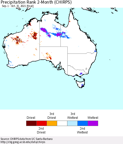 Australia Precipitation Rank since 1981, 2-Month (CHIRPS) Thematic Map For 9/1/2021 - 10/31/2021