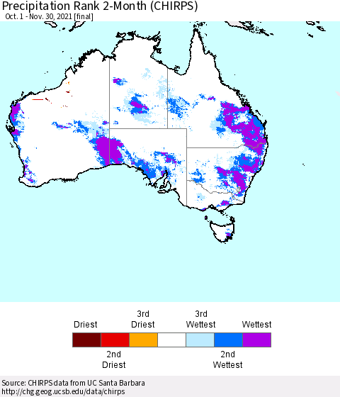 Australia Precipitation Rank since 1981, 2-Month (CHIRPS) Thematic Map For 10/1/2021 - 11/30/2021