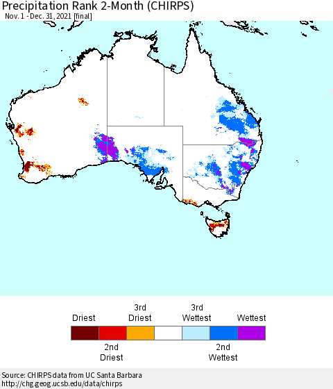 Australia Precipitation Rank since 1981, 2-Month (CHIRPS) Thematic Map For 11/1/2021 - 12/31/2021