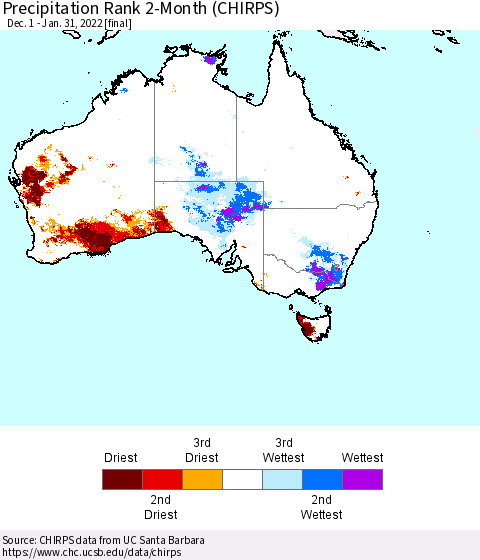 Australia Precipitation Rank since 1981, 2-Month (CHIRPS) Thematic Map For 12/1/2021 - 1/31/2022