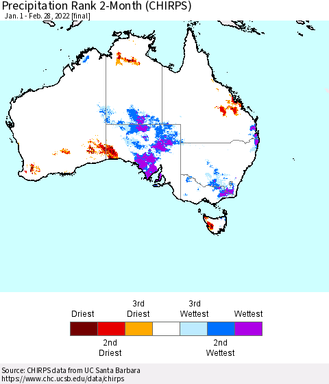 Australia Precipitation Rank since 1981, 2-Month (CHIRPS) Thematic Map For 1/1/2022 - 2/28/2022