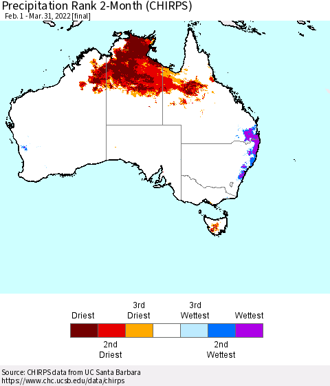 Australia Precipitation Rank since 1981, 2-Month (CHIRPS) Thematic Map For 2/1/2022 - 3/31/2022