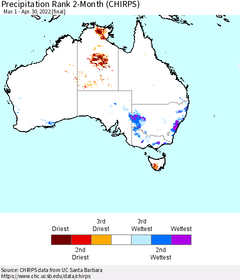 Australia Precipitation Rank since 1981, 2-Month (CHIRPS) Thematic Map For 3/1/2022 - 4/30/2022