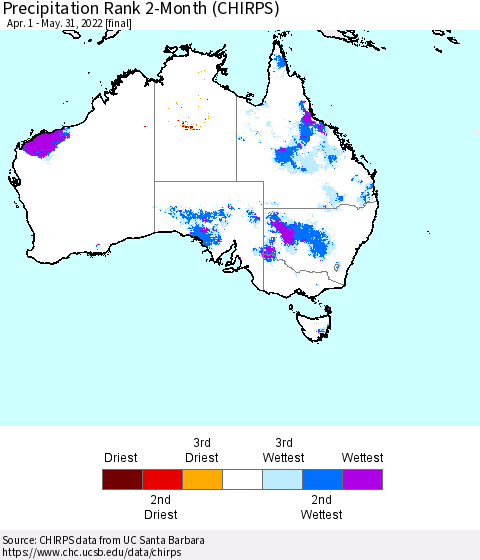 Australia Precipitation Rank since 1981, 2-Month (CHIRPS) Thematic Map For 4/1/2022 - 5/31/2022