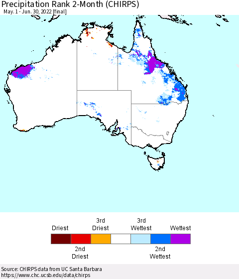 Australia Precipitation Rank since 1981, 2-Month (CHIRPS) Thematic Map For 5/1/2022 - 6/30/2022
