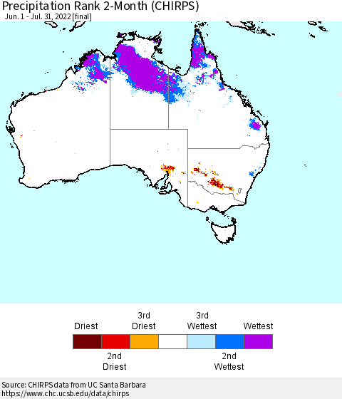 Australia Precipitation Rank since 1981, 2-Month (CHIRPS) Thematic Map For 6/1/2022 - 7/31/2022
