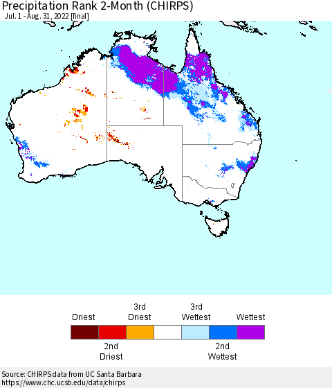 Australia Precipitation Rank since 1981, 2-Month (CHIRPS) Thematic Map For 7/1/2022 - 8/31/2022