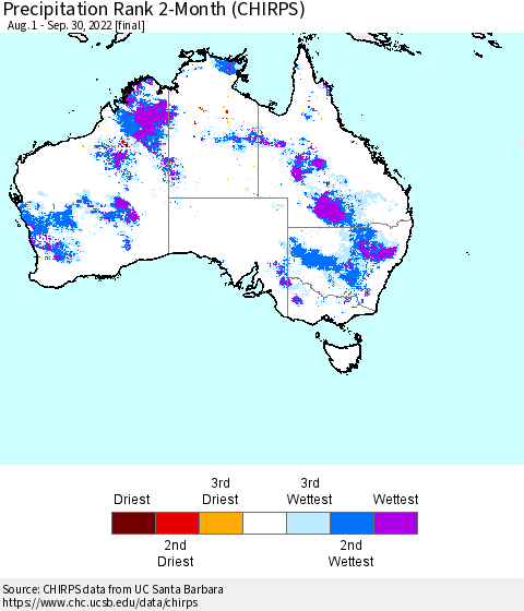 Australia Precipitation Rank since 1981, 2-Month (CHIRPS) Thematic Map For 8/1/2022 - 9/30/2022