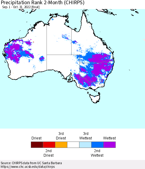 Australia Precipitation Rank since 1981, 2-Month (CHIRPS) Thematic Map For 9/1/2022 - 10/31/2022