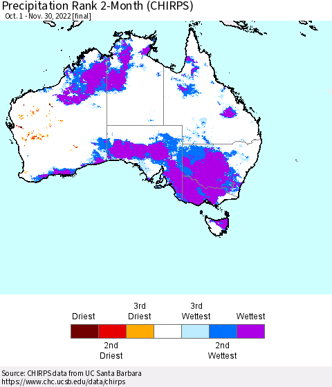 Australia Precipitation Rank since 1981, 2-Month (CHIRPS) Thematic Map For 10/1/2022 - 11/30/2022