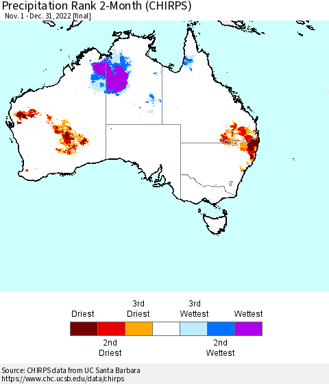 Australia Precipitation Rank since 1981, 2-Month (CHIRPS) Thematic Map For 11/1/2022 - 12/31/2022
