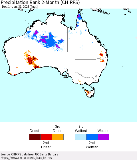 Australia Precipitation Rank since 1981, 2-Month (CHIRPS) Thematic Map For 12/1/2022 - 1/31/2023