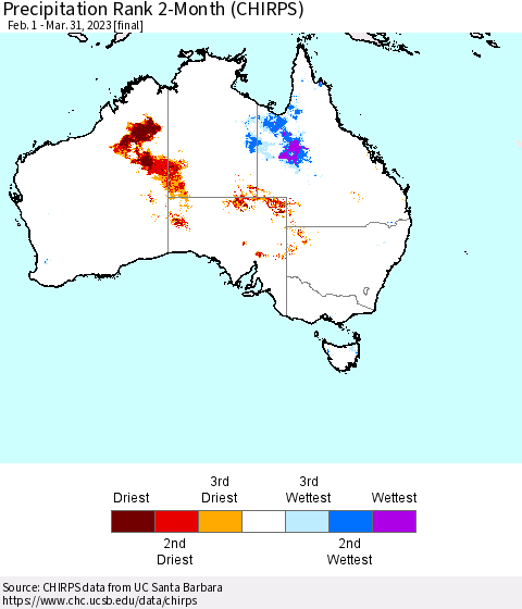 Australia Precipitation Rank since 1981, 2-Month (CHIRPS) Thematic Map For 2/1/2023 - 3/31/2023