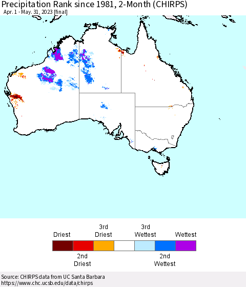 Australia Precipitation Rank since 1981, 2-Month (CHIRPS) Thematic Map For 4/1/2023 - 5/31/2023
