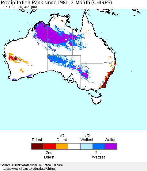 Australia Precipitation Rank since 1981, 2-Month (CHIRPS) Thematic Map For 6/1/2023 - 7/31/2023
