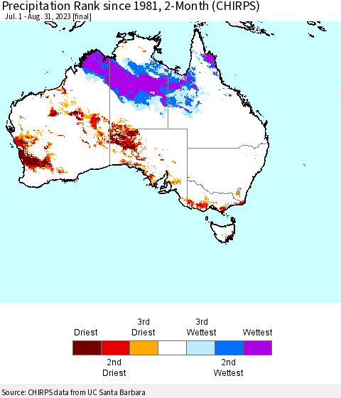 Australia Precipitation Rank since 1981, 2-Month (CHIRPS) Thematic Map For 7/1/2023 - 8/31/2023