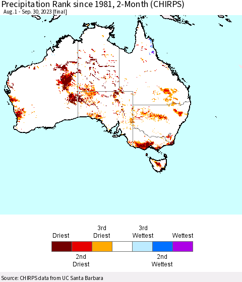 Australia Precipitation Rank since 1981, 2-Month (CHIRPS) Thematic Map For 8/1/2023 - 9/30/2023