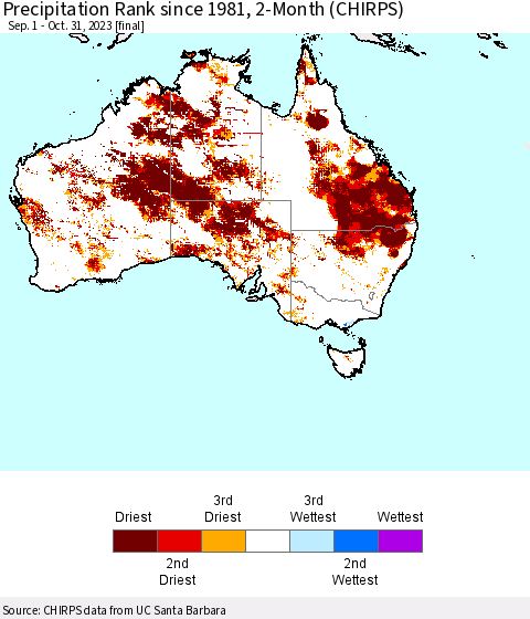 Australia Precipitation Rank since 1981, 2-Month (CHIRPS) Thematic Map For 9/1/2023 - 10/31/2023