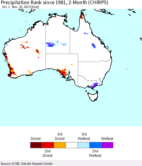 Australia Precipitation Rank since 1981, 2-Month (CHIRPS) Thematic Map For 10/1/2023 - 11/30/2023