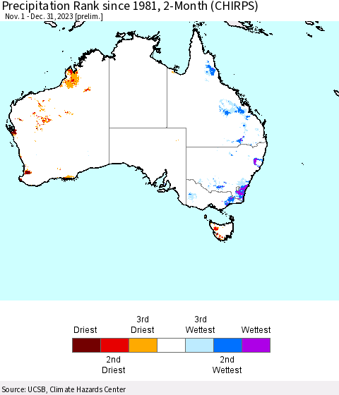 Australia Precipitation Rank since 1981, 2-Month (CHIRPS) Thematic Map For 11/1/2023 - 12/31/2023