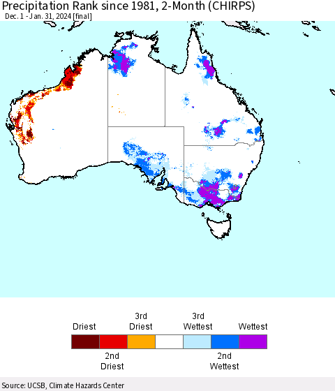 Australia Precipitation Rank since 1981, 2-Month (CHIRPS) Thematic Map For 12/1/2023 - 1/31/2024