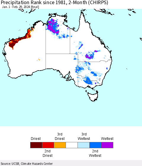 Australia Precipitation Rank since 1981, 2-Month (CHIRPS) Thematic Map For 1/1/2024 - 2/29/2024
