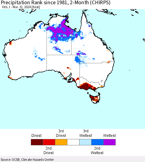 Australia Precipitation Rank since 1981, 2-Month (CHIRPS) Thematic Map For 2/1/2024 - 3/31/2024